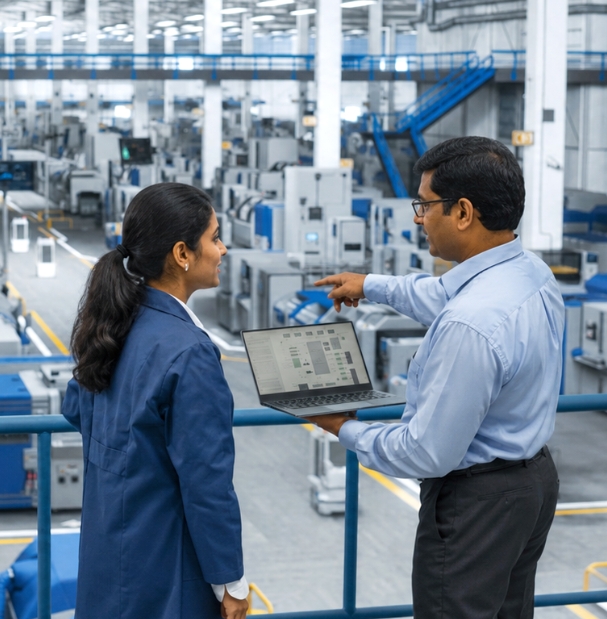Manufacturing team using a tablet for real-time production and work-in-progress tracking