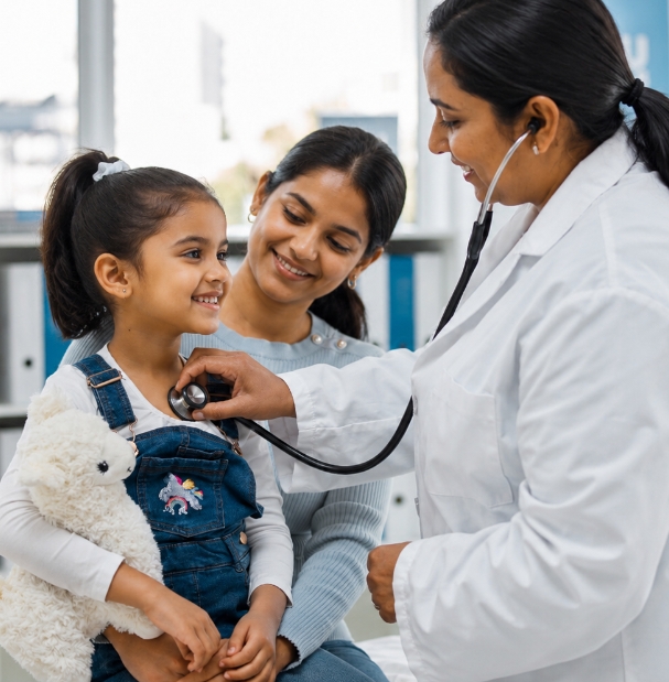 Doctor examining a child, representing RFID-enabled healthcare operations