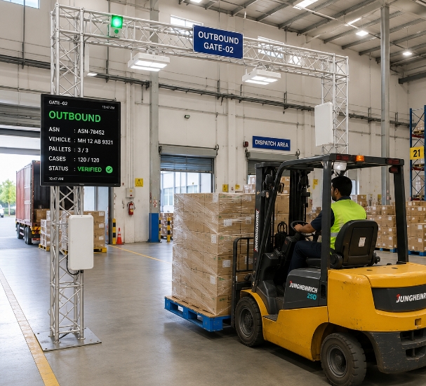 Skanixa ZX-PT portal monitoring a forklift moving a loaded pallet